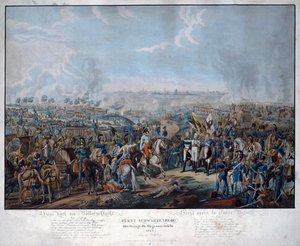 Slaget vid Leipzig (Nationernas slag), i oktober 1813. Den österrikiske fältmarskalken Schwarzenberg (1771-1820) tillkännager de allierades seger i slaget vid Leipzig för den germanske kejsaren Francois II (= Francois Ier av Österrike; 1768 - 1835), vid Tz