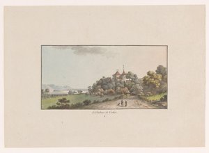 Utsikt över Chateau de Cerlier i Erlach Le Chateau de Cerlier (titel på objekt) Utsikter över Schweiz (serietitel) Collection de quelques vues dessinées en Suisse d