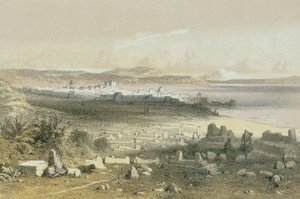 Tiberias i en etsning av Schacher-Steinkopk J.F. Editore av Johann Martin Bernatz