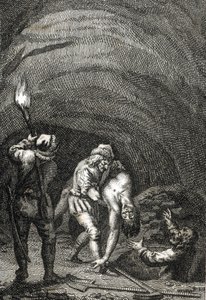 Död av Vilhelm II av Holland dödad av friserna, som i hemlighet begravde honom under golvet i ett hus Gravyr av Johann Michael Mettenleiter (1765-1853) 1800 Privat samling