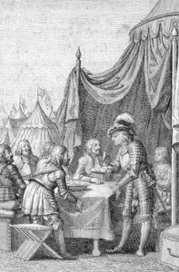Kejsar Ludvig IV (1282-1347) av Baviere med sina officerare vid slaget vid Muhldorf (eller Ampfing) den 28 september 1322 (Louis IV, helige romerske kejsare vid slaget vid Muhldorf den 28 september 1322 på Ampfingheden) Gravyr av Johann Michael Mettenleite