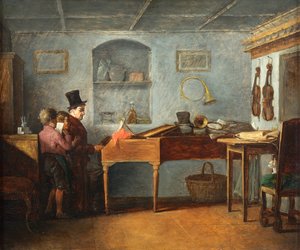 Skolmästaren med pojkarna som sjunger platt vid pianoparet Johann Michael Neder