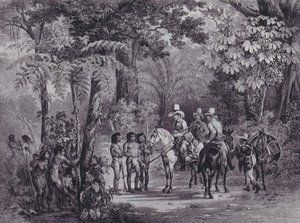Indianernas möte med europeiska upptäcktsresande från "Picturesque Voyage to Brazil" av Johann Moritz Rugendas