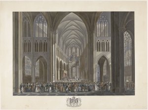 Välsignelse av kung Willem I i Saint Gudula-kyrkan i Bryssel den 21 september 1815 Tolv skyltar med ankomsten och invigningen av William I i Bryssel och striderna vid Quatre-Bras och Waterloo 1815 (serietitel) av Johann Nepomuk Gibèle (possibly)