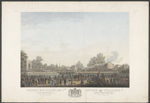 William den 1:s ankomst till staden Bryssel den 30 mars 1815 / Entrée de Guillaume 1er dans la Ville de Bruxelles, den 30 mars 1815 (titel på objektet) Tolv plåtar av William I:s ankomst och invigning i Bryssel och striderna vid Quatre-Bras