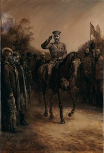 General Lord Kitchener hälsar när han rider förbi boerledare som står och tar av sig hattarna, 1902 av Johann Nepomuk Schonberg
