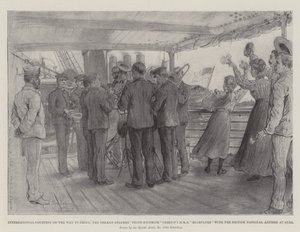 Internationell artighet på väg till Kina, den tyska ångbåten Prinz Heinrich hälsar HMS Highflyer med den brittiska nationalsången vid Suez. av Johann Nepomuk Schonberg
