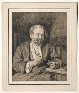 Bonde sitter vid ett bord och röker pipa, 1817-1821.