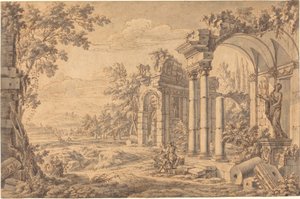 Landskap med en ritare bland antika ruiner av Johann Oswald Harms