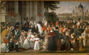 Kejsar Franz I, återvänder till Wien från slaget vid Leipzig ... (väggmålning) av Johann Peter Krafft