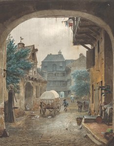 Utsikt mot innergården till ett värdshus i Colmar, 1821-77.