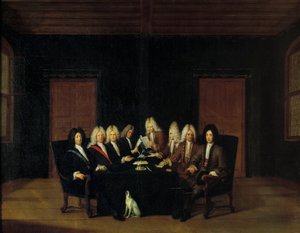 Det spanska tronföljdskriget: "" De befullmäktigade samlades kring Marechal-hertigen av Villars och prins Eugene av Savoy-Carignan (Savoie Carignan, greve av Soissons (1663-1736) vid fredskongressen i Borden, 1714-09-07" ” Målning av Johan Rudol av Johann Rudolph the Elder Huber