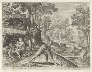 Adam och Eva på jobbet utanför Paradise Earth Historien om Kains familj / Om goda och dåliga verk (serietitel) Boni et mali scientia (serietitel) av Johann Sadeler (I)