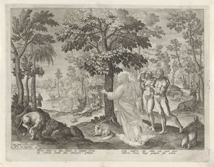 Adam och Eva i paradiset Historien om Kains familj / Om goda och dåliga verk (serietitel) Boni et mali scientia (serietitel) av Johann Sadeler (I)