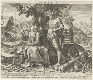 Tyskland med Ceres och Bacchus Germania (titel på objekt) Allegoriska representationer av europeiska länder (serietitel) av Johann Sadeler (I)
