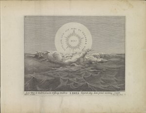 Första scheppingsdag: scheiding van licht en darknessen Schepping van de wereld (serietitel) Detta är den bibliska teatern för Gamla och Nya testamentets heliga historia uttryckt i bronsplattor (serietitel) av Johann Sadeler (I)