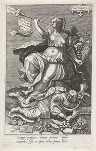 Samvete (Conciosacra) övervinner falska profeter (Pseudo prophetae) Conciosacra (titel på objekt) Dygderna erövrar lasterna (serietitel) av Johann Sadeler (I)