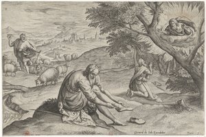 Gud visar sig för Mose i den brinnande busken Historia om Moses före uttåget (serietitel) Historia plagarum in Aegiepto (serietitel) av Johann Sadeler (I)