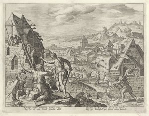 Kain bygger staden Enoks Historien om Kains familj / Om goda och dåliga verk (serietitel) Boni et mali scientia (serietitel) av Johann Sadeler (I)