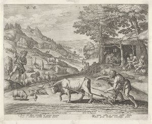 Kain och Abel som bonde och herde Historien om Kains familj / Om goda och dåliga verk (serietitel) Boni et mali scientia (serietitel) av Johann Sadeler (I)
