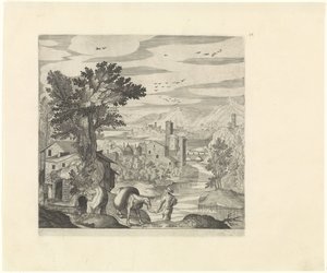 Landskap med en bonde och hans åsna Italienska landskap (serietitel) av Johann Sadeler (I)