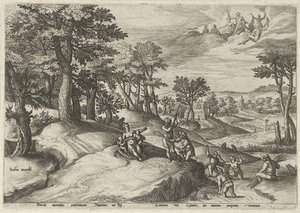 Leto (Latona) förvandlar lykierna till grodor Landskap med mytologiska scener (serietitel) av Johann Sadeler (I)