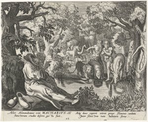 Macarius av Alexandria som eremit Manliga eremiter (serietitel) Solitudo Sive Vitae Patrum Eremicolarum (serietitel) av Johann Sadeler (I)