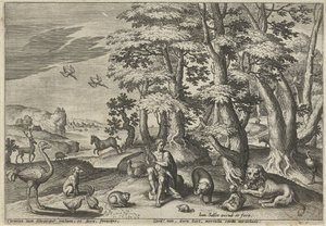 Orpheus, gör musik för djuren Landskap med mytologiska scener (serietitel) av Johann Sadeler (I)