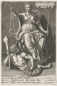 Reason (Ratio) övervinner Violentia (Violentia) Förhållande (titel på objekt) Dygderna erövrar lasterna (serietitel) av Johann Sadeler (I)