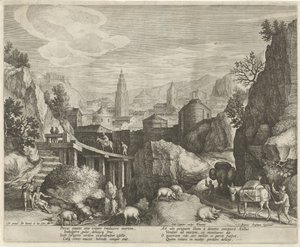 Stenigt landskap med fabeln om åsnan och vildsvinet Emblem i ett landskap (serietitel) av Johann Sadeler (I)