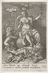 Värdighet (Majestas) övervinner Tyranni (Tyrannis) Maiestas (titel på objekt) Dygderna erövrar lasterna (serietitel) av Johann Sadeler (I)