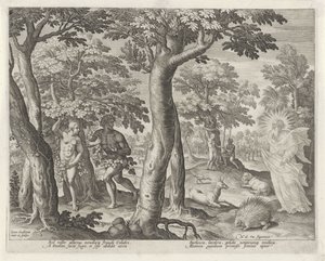 Falla Historia om Kains familj / Om gott och dåligt arbete (serietitel) Boni et mali scientia (serietitel) av Johann Sadeler (I)