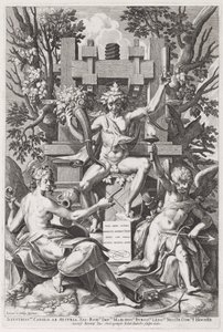 Bacchus sittande på en tunna mellan amor och musik, ca. 1590.