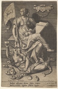 Fiducia, en sittande kvinna håller i en bok och en banderoll medan hon vänder bort huvudet från en bar..., 1579.