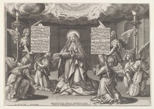 Magnificat: Jungfrun omgiven av musikskapande änglar, 1585. av Johann Sadeler I