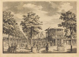 Vauxhall Gardens visar Grand Walk vid ingången till trädgården och orkestern med musik som spelar av Johann Sebastian Müller after Samuel Wale