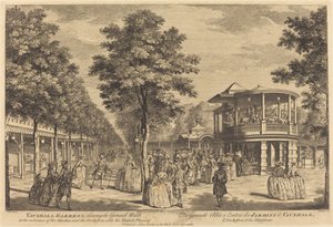 Vauxhall Gardens visar Grand Walk vid ingången till trädgården och orkestern med musik som spelar av Johann Sebastian Müller after Samuel Wale