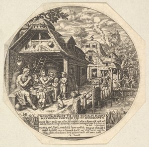 Enoch och hans familj runt ett måltidsbord och håller sina händer i en gest..., ca. 1580-1623.