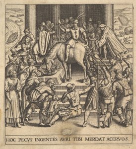 Män som samlar dynga som tappar från bakdelen av en mula, med en ryttare sittande ba..., 1592-1614. av Johann Theodor de Bry