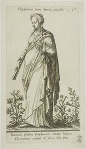 Polyhymnia, Muse of Hymns, skylt 13 från Parnassus Biceps