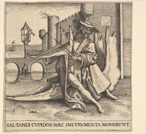 Den rike mannen spelar fiol på ett käkben. av Johann Theodor de Bry