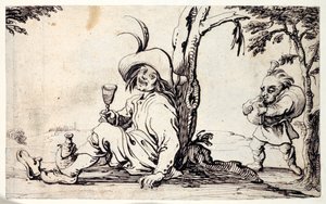 Landsman sitter och svalkar sig själv och en dvärg med säckpipa (penna och bläck på papper)