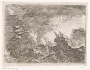 Fem segelfartyg till havs under en storm Skickas i stormigt väder (serietitel) av Johann Wilhelm Baur