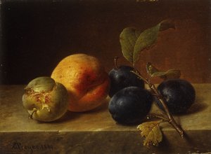 En persika och plommon på en marmoravsats, 1860