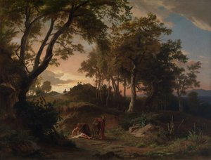 Kvällen, den barmhärtige samariten räddar den skadade vandraren av Johann Wilhelm Schirmer