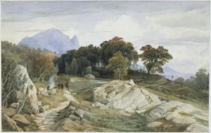Italienskt skogs- och bergslandskap, en ryttare och tre män vid en eld