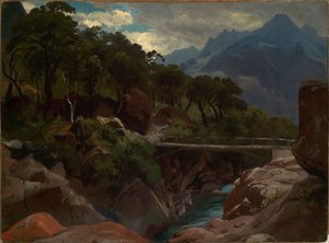 Schweizisk bergsflod med gångbro av Johann Wilhelm Schirmer