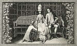 Den unge Werthers sorger, gravyr inspirerad av roman av Johann Wolfgang von Goethe (1749-1832), Tyskland, sjuttonhundratalet