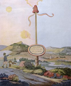 "Vandrare, detta land är fritt", frihetsstång vid den fransk-luxemburgska gränsen vid Mosel, reproduktion av en originalakvarell från 1792, ca 1847.