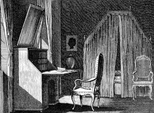 Werthers rum, illustration av Daniel Chodowiecki (1726-1801), gravyr inspirerad av The Sorrows of Young Werther av Johann Wolfgang von Goethe (1749-1832)